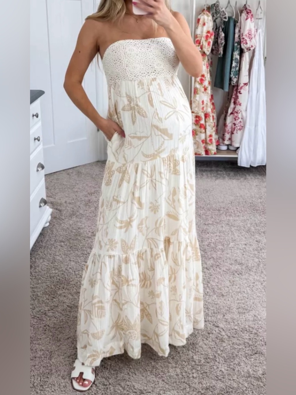 American Eagle Outfitters Strapless Floral Maxi Dress in Cream and Tan